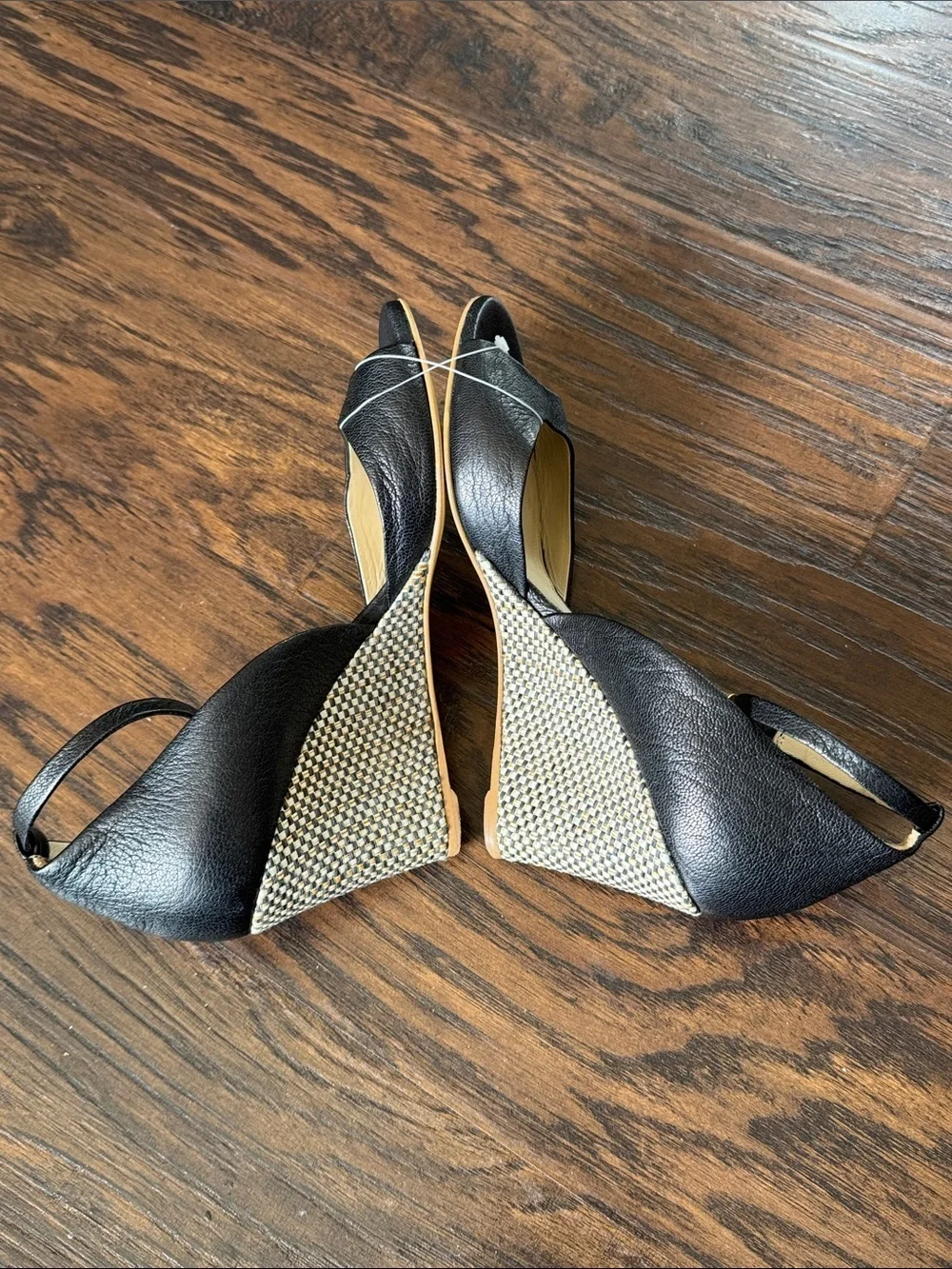 Bruno Magli Black Leather Peep-Toe Wedge Sandals with Raffia-Wrapped Heel